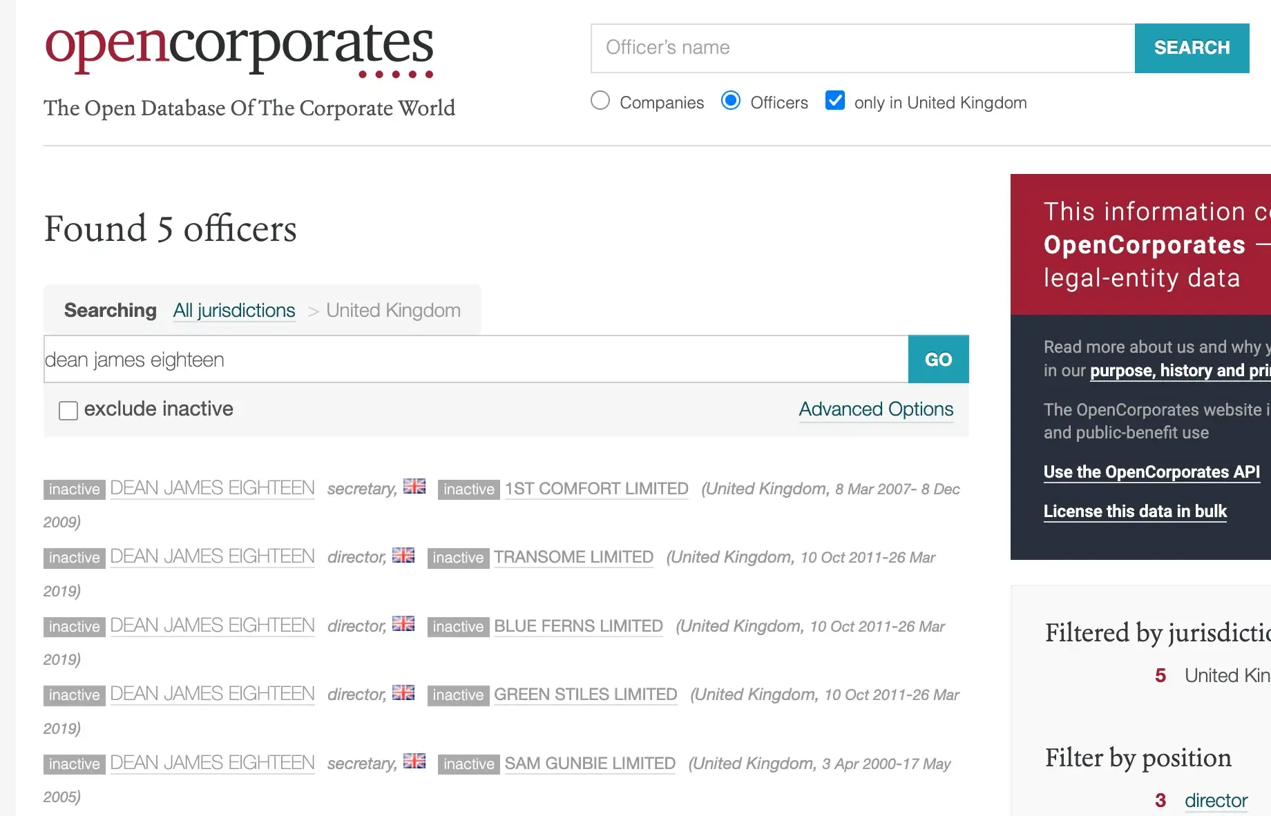 OpenCorporates の検索結果